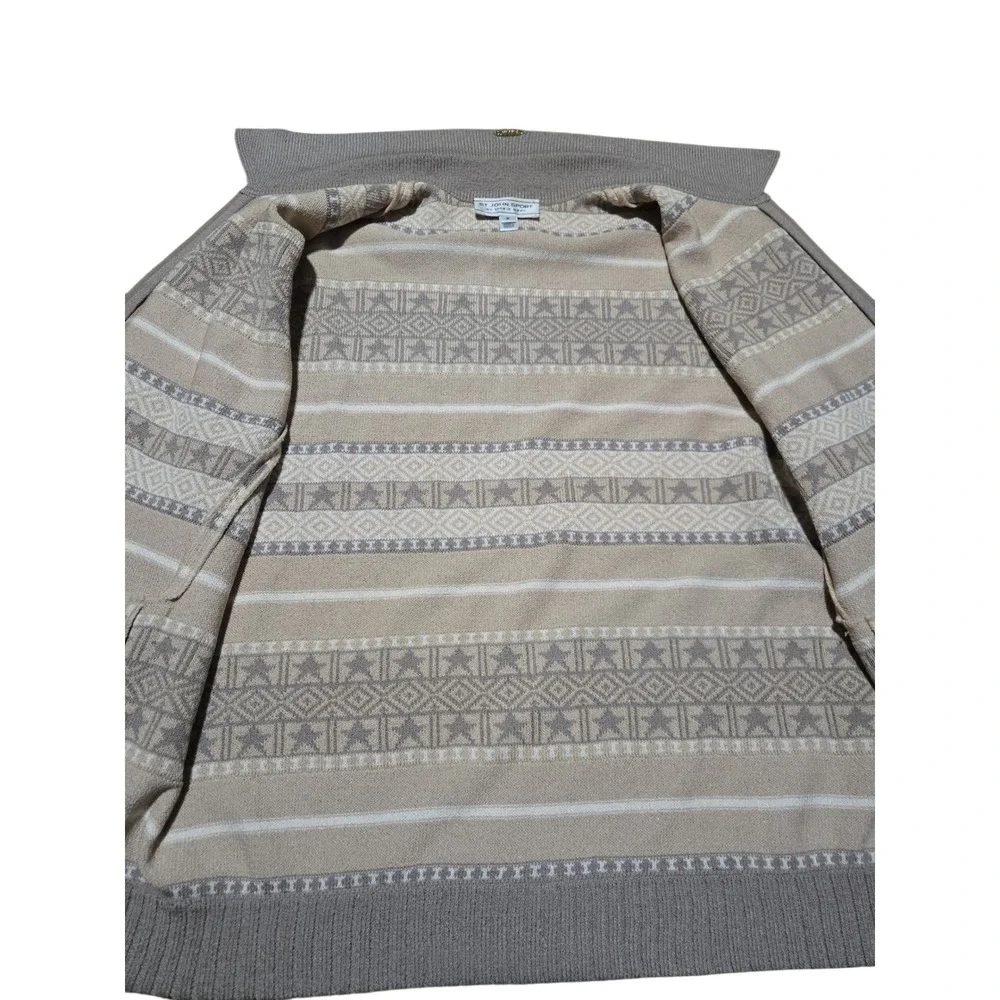 St John Sport Marie Gray Wool Blend Zip Up Sweater Fair Isle Star Beige Tan P